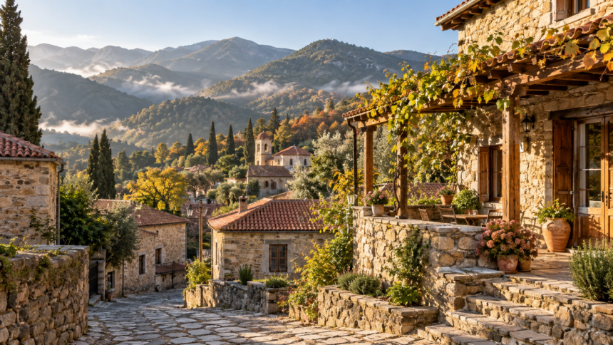 Εικονογραφική εικόνα πεζοπορικής διαδρομής σε ορεινό χωριό της Κύπρου