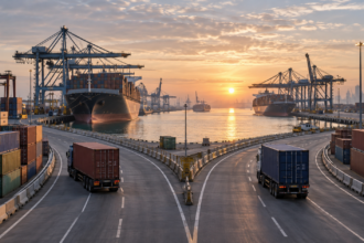Εμπορευματοκιβώτια και πλοία σε διεθνές λιμάνι με δύο διαδρομές μεταφοράς