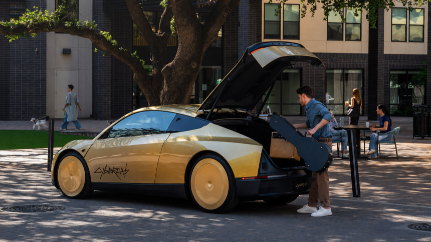 Εικαστική προσαρμογή επίσημης εικόνας του Tesla Cybercab με ανοιχτό χώρο αποσκευών
