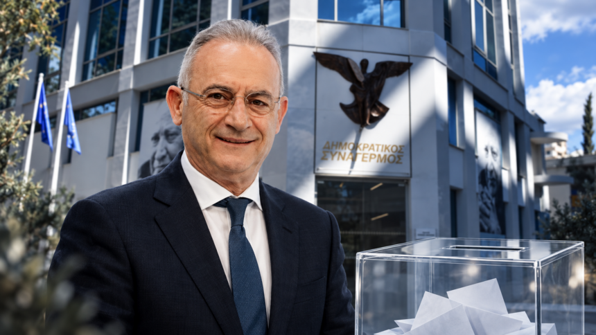Εκδοτικό κολάζ με τον Αβέρωφ Νεοφύτου, το κτίριο του Δημοκρατικού Συναγερμού και μια κάλπη