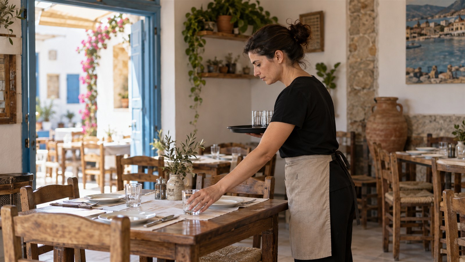 Εργαζόμενη προετοιμάζει τραπέζι πριν από την εξυπηρέτηση πελατών.