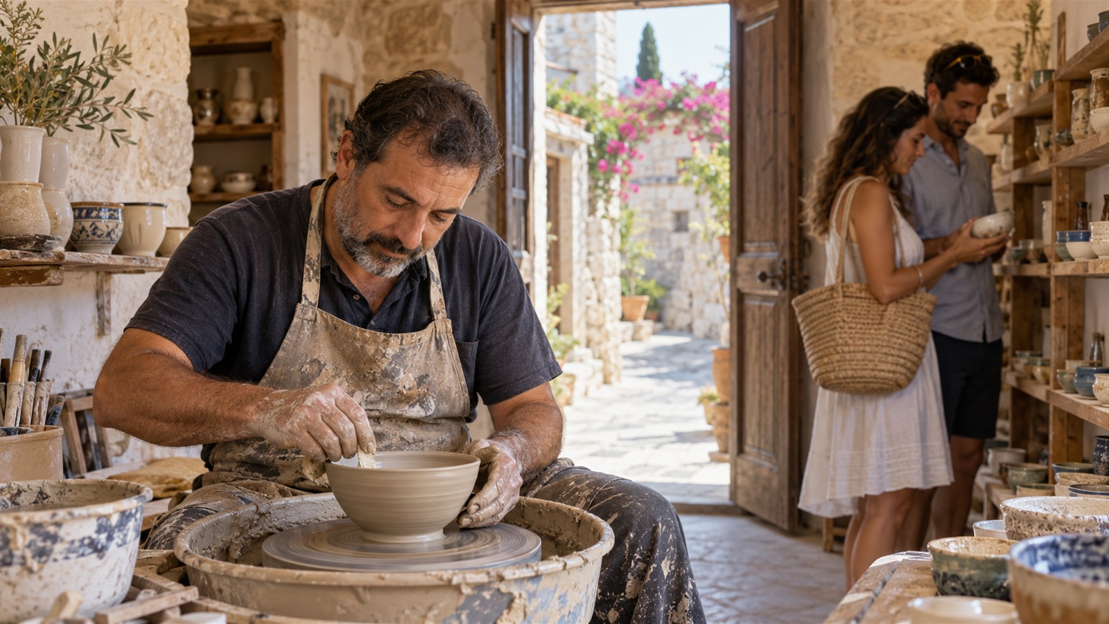 Ενδεικτική σκηνή τοπικού εργαστηρίου κεραμικής με επισκέπτες.