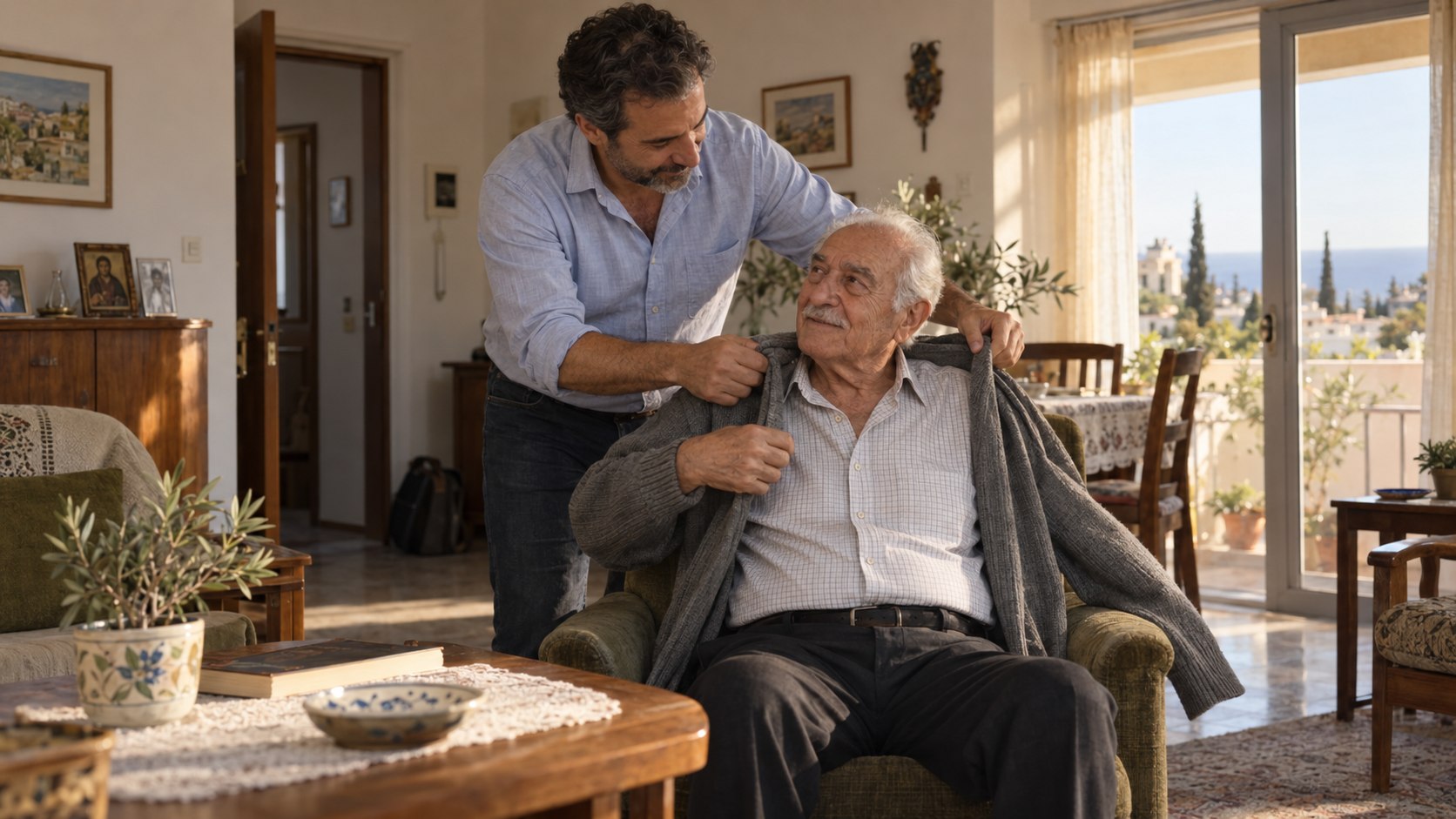 Ενήλικος γιος βοηθά τον ηλικιωμένο πατέρα του σε ένα καθημερινό στιγμιότυπο φροντίδας