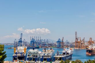Εμπορευματοκιβώτια και πλοία στο λιμάνι του Πειραιά