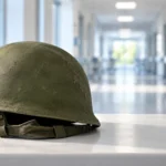 Συμβολική εικόνα στρατιωτικού κράνους πάνω σε τραπέζι με νοσοκομειακό διάδρομο στο φόντο