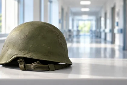Συμβολική εικόνα στρατιωτικού κράνους πάνω σε τραπέζι με νοσοκομειακό διάδρομο στο φόντο