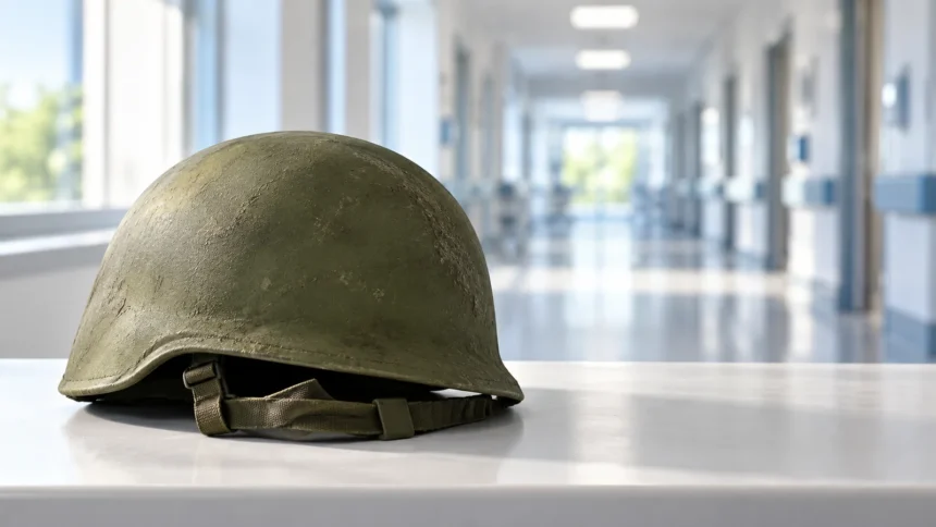 Συμβολική εικόνα στρατιωτικού κράνους πάνω σε τραπέζι με νοσοκομειακό διάδρομο στο φόντο