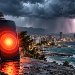 Κινητό τηλέφωνο με συμβολική ειδοποίηση CY Alert μπροστά από έντονη καταιγίδα