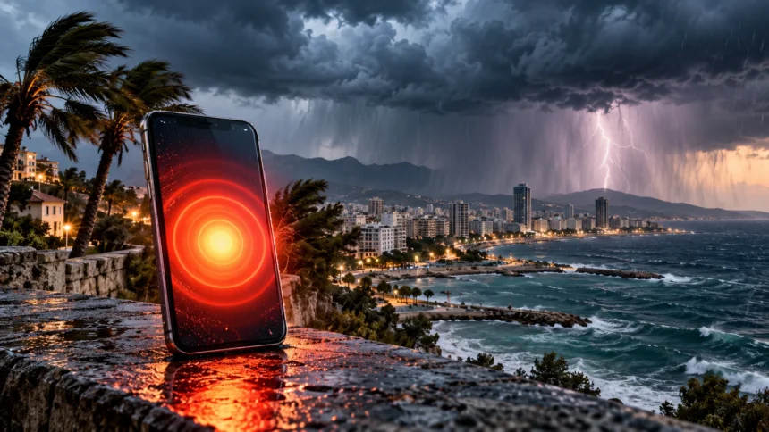 Κινητό τηλέφωνο με συμβολική ειδοποίηση CY Alert μπροστά από έντονη καταιγίδα