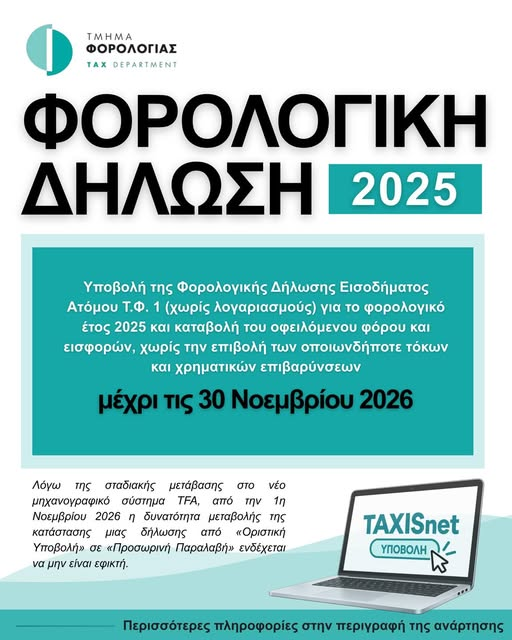 Ενημερωτική εικόνα για τη φορολογική δήλωση 2025 και την υποβολή και πληρωμή χωρίς επιβαρύνσεις μέχρι 30 Νοεμβρίου 2026