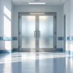 Συμβολική απεικόνιση άδειου νοσοκομειακού διαδρόμου με κλειστή γυάλινη πόρτα