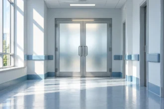 Συμβολική απεικόνιση άδειου νοσοκομειακού διαδρόμου με κλειστή γυάλινη πόρτα