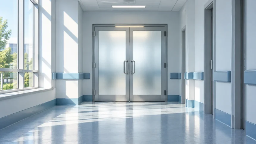 Συμβολική απεικόνιση άδειου νοσοκομειακού διαδρόμου με κλειστή γυάλινη πόρτα