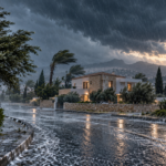 Συμβολική εικόνα έντονης βροχής και ισχυρών ανέμων σε δρόμο μπροστά από κατοικία