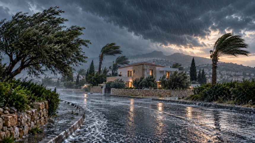 Συμβολική εικόνα έντονης βροχής και ισχυρών ανέμων σε δρόμο μπροστά από κατοικία