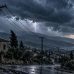 Ηλεκτρικές γραμμές πάνω από χωριό της Πάφου κατά τη διάρκεια έντονης κακοκαιρίας