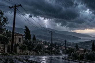Ηλεκτρικές γραμμές πάνω από χωριό της Πάφου κατά τη διάρκεια έντονης κακοκαιρίας