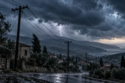 Ηλεκτρικές γραμμές πάνω από χωριό της Πάφου κατά τη διάρκεια έντονης κακοκαιρίας