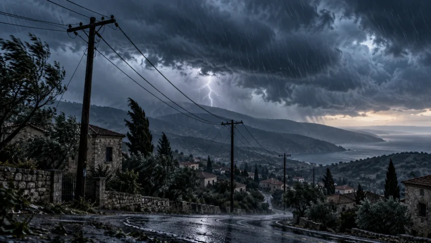 Ηλεκτρικές γραμμές πάνω από χωριό της Πάφου κατά τη διάρκεια έντονης κακοκαιρίας