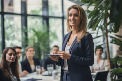 Επαγγελματίας παρουσιάζει σε ομάδα συναδέλφων σε χώρο γραφείου