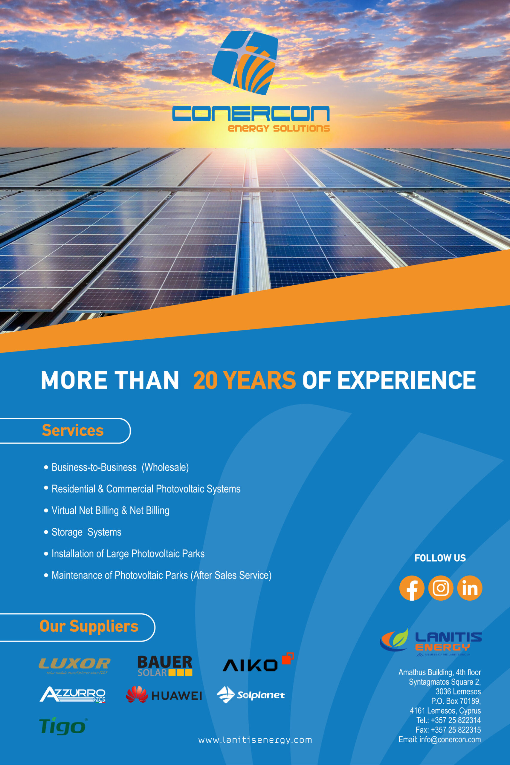 Διαφημιστική καταχώριση Conercon Energy Solutions 2026, με υπηρεσίες, προμηθευτές και στοιχεία επικοινωνίας.