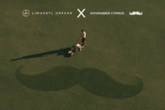 Επίσημο εικαστικό Limassol Greens και Movember Cyprus με παίκτη και σχέδιο μουστακιού στο γήπεδο γκολφ