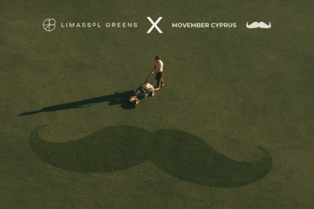 Επίσημο εικαστικό Limassol Greens και Movember Cyprus με παίκτη και σχέδιο μουστακιού στο γήπεδο γκολφ
