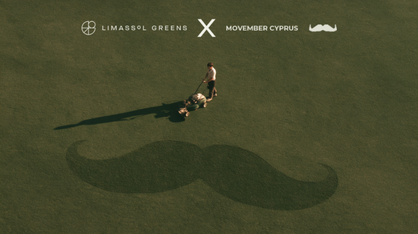 Επίσημο εικαστικό Limassol Greens και Movember Cyprus με παίκτη και σχέδιο μουστακιού στο γήπεδο γκολφ