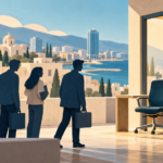 Ενδεικτική εικονογράφηση με ανθρώπινες σιλουέτες και άδεια καρέκλα γραφείου σε μεσογειακό αστικό τοπίο.