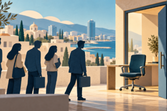 Ενδεικτική εικονογράφηση με ανθρώπινες σιλουέτες και άδεια καρέκλα γραφείου σε μεσογειακό αστικό τοπίο.