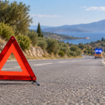 Ενδεικτική εικονογράφηση: προειδοποιητικό τρίγωνο σε δρόμο και όχημα έκτακτης ανάγκης στο βάθος.