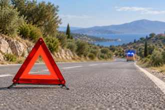 Ενδεικτική εικονογράφηση: προειδοποιητικό τρίγωνο σε δρόμο και όχημα έκτακτης ανάγκης στο βάθος.