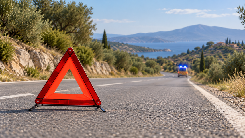 Ενδεικτική εικονογράφηση: προειδοποιητικό τρίγωνο σε δρόμο και όχημα έκτακτης ανάγκης στο βάθος.