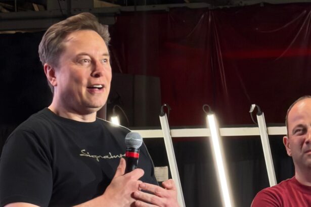 Ο Έλον Μασκ με μικρόφωνο σε εκδήλωση της Tesla στο Fremont