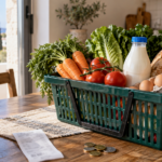 Καλάθι με βασικά τρόφιμα και κέρματα ευρώ στο τραπέζι